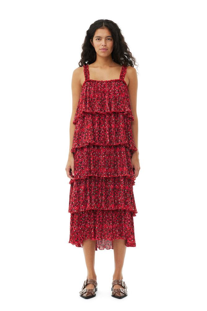 GANNI Red Pleated Georgette Flounce Strap Midi Dress,Racing Red