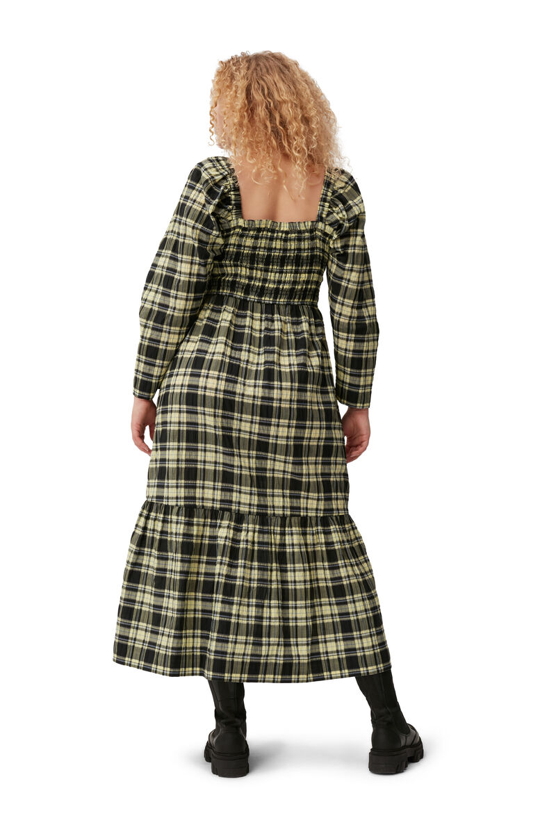 Checkered Seersucker Maxi Dress, Cotton, in colour Check Elfin Yellow - 5 - GANNI