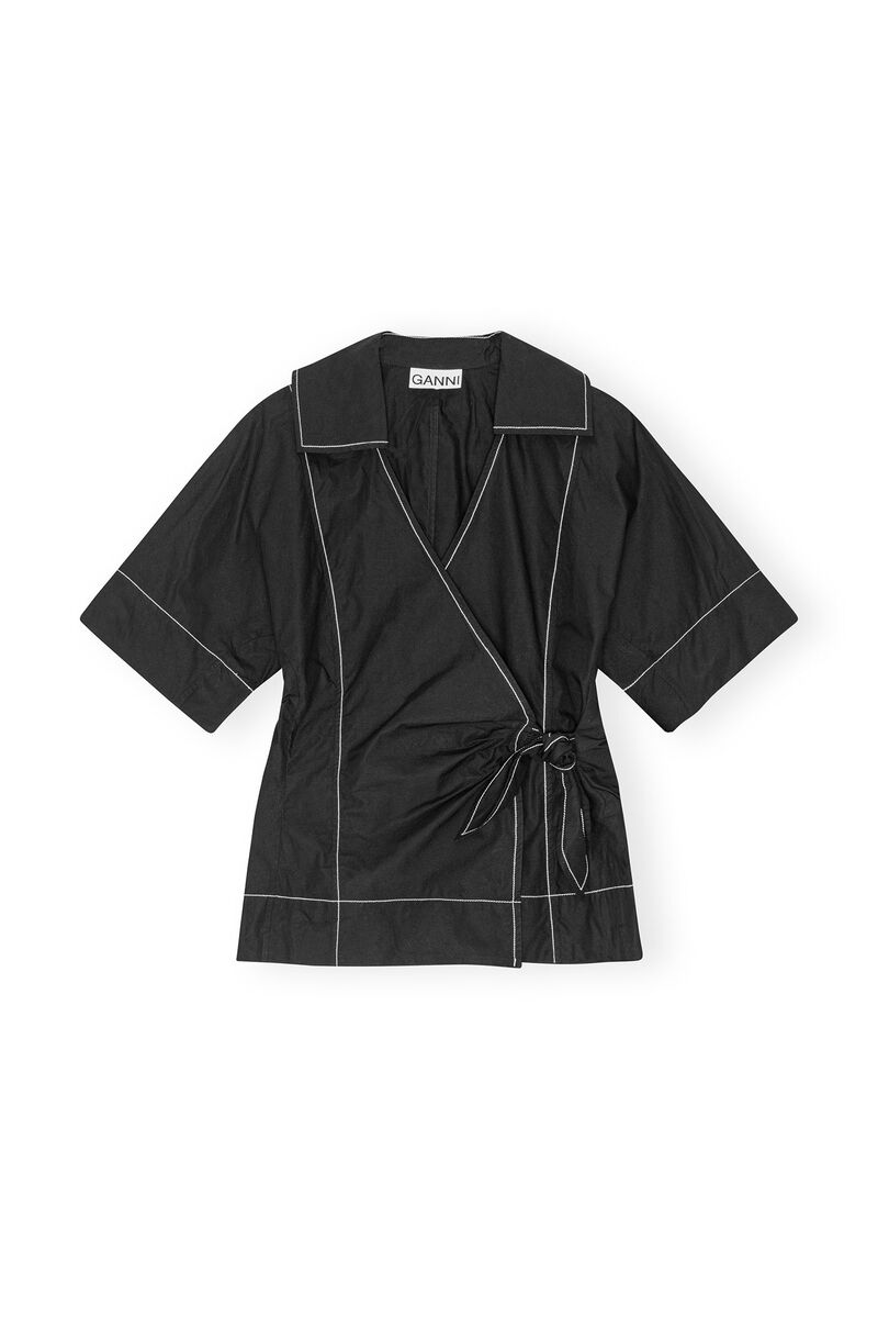 Black Cotton Poplin Wrap Bluse, Cotton, in colour Black - 1 - GANNI