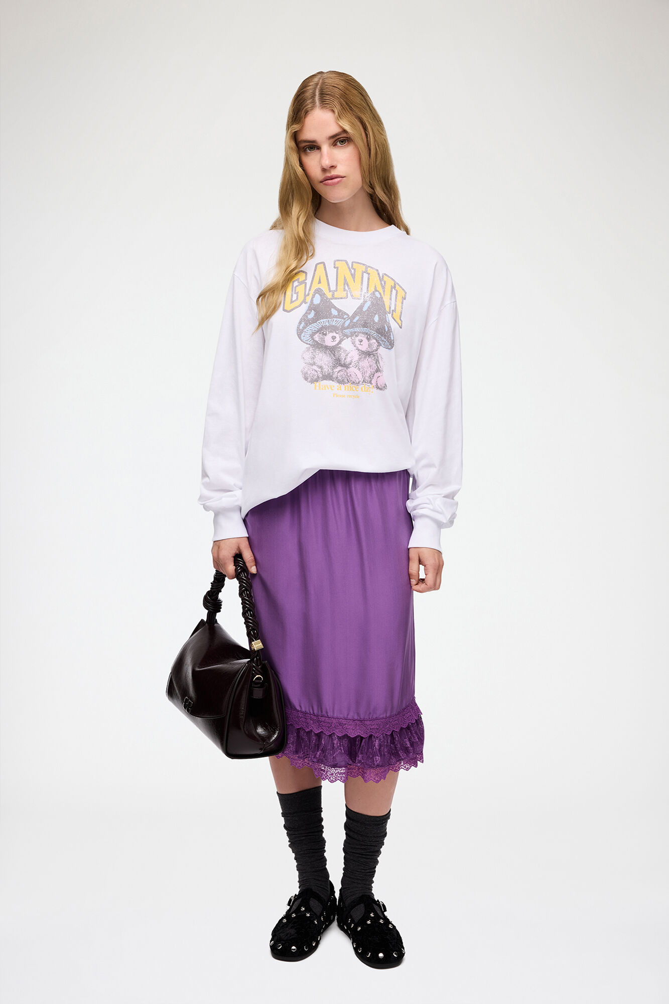 Long-sleeve T-shirt with Mushroom Teddy, Organic Cotton, in colour Bright White - 2 - GANNI
