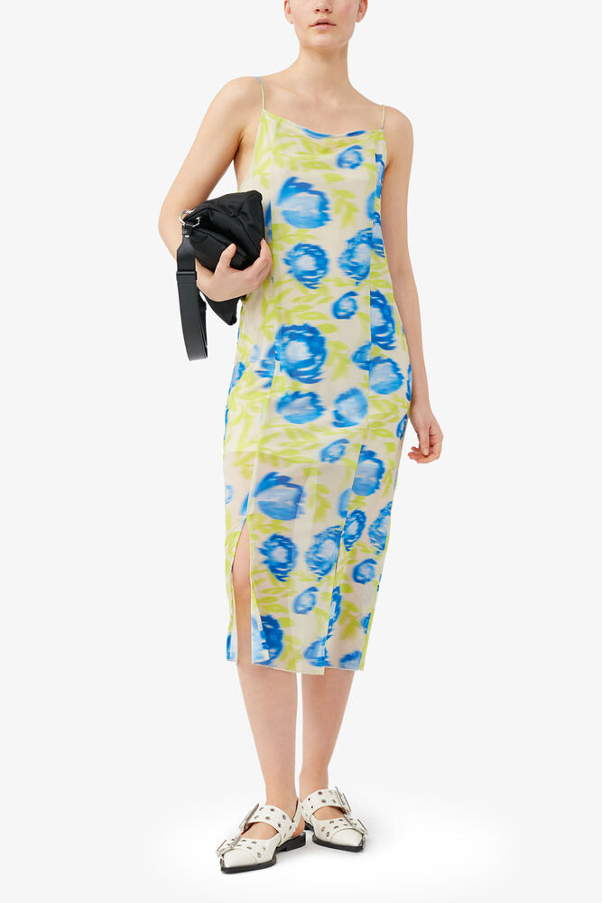 Printed Mesh Slip Dress, Strong Blue