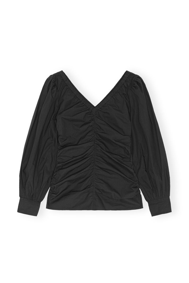 Cotton Poplin V-neck Blouse, Cotton, in colour Black - 1 - GANNI