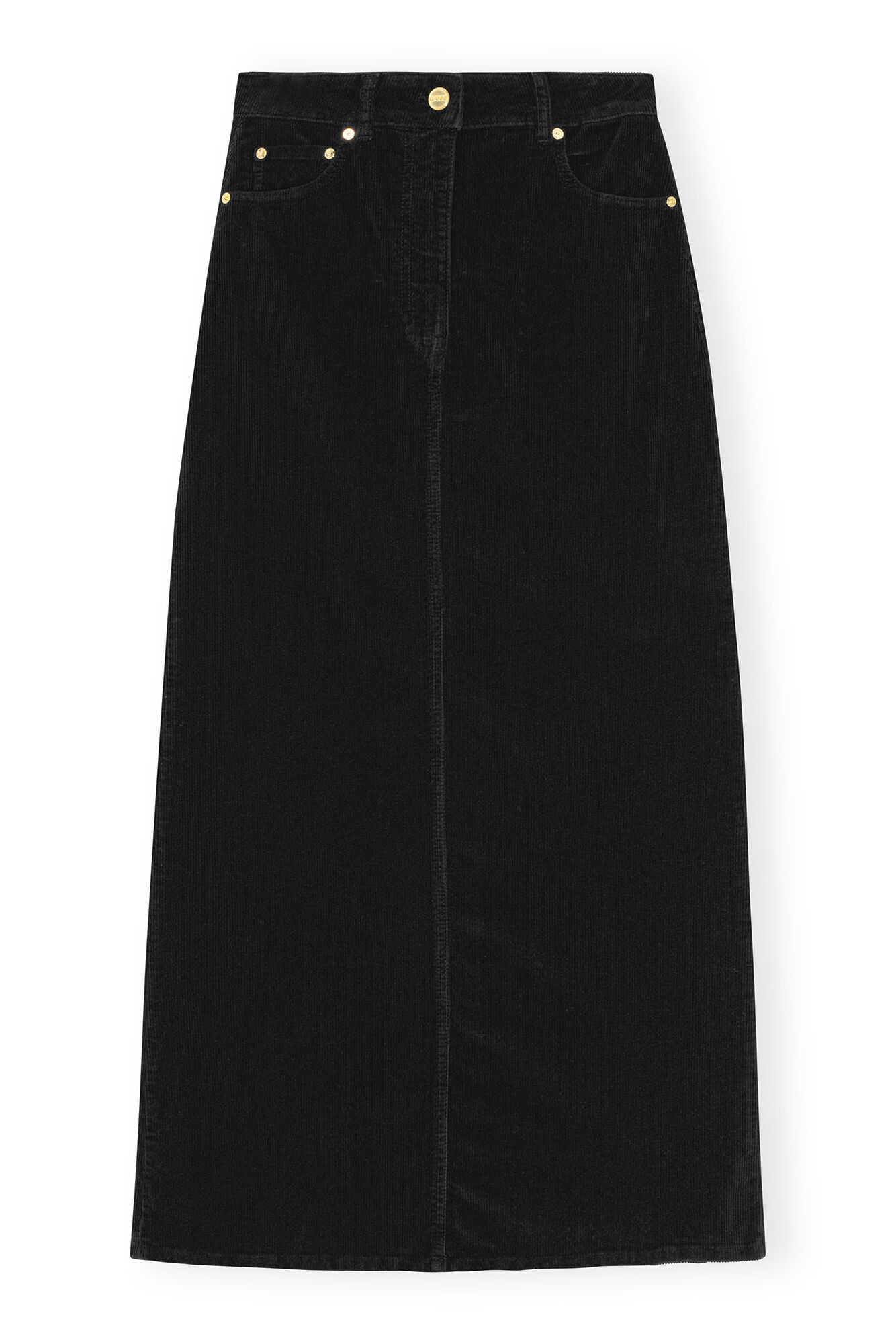 Black Washed Corduroy Long Skirt, Elastane, in colour Black - 1 - GANNI