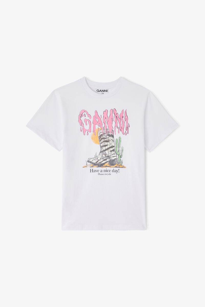 T-shirt with Zebra Western Boot, Organic Cotton, in colour Bright White - 1 - GANNI