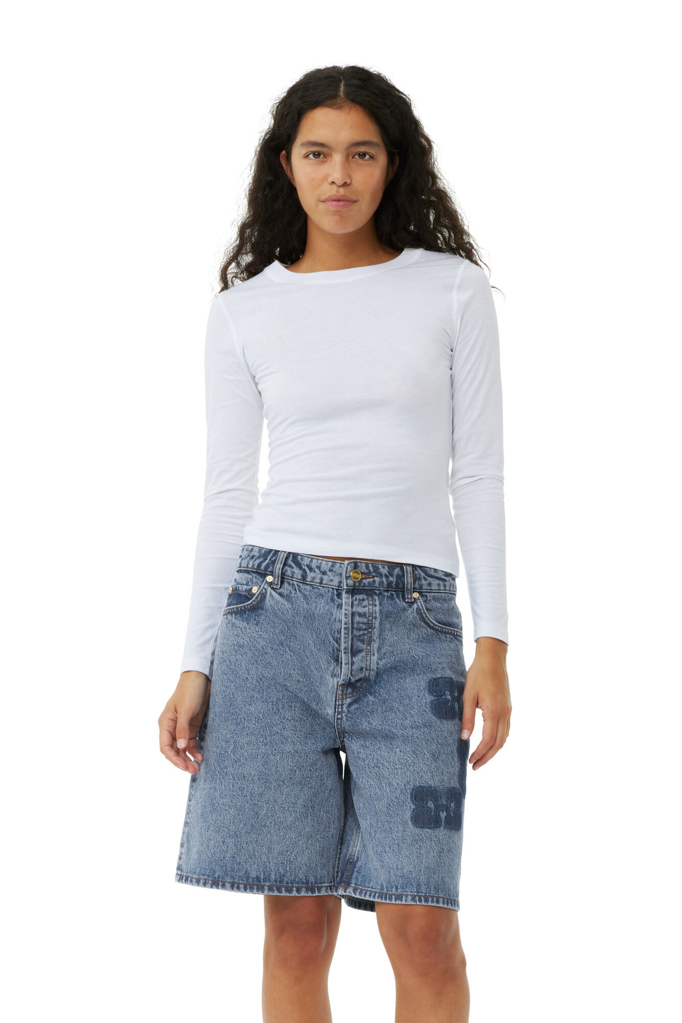 Patch Denim Shorts, Cotton, in colour Mid Blue Stone - 2 - GANNI