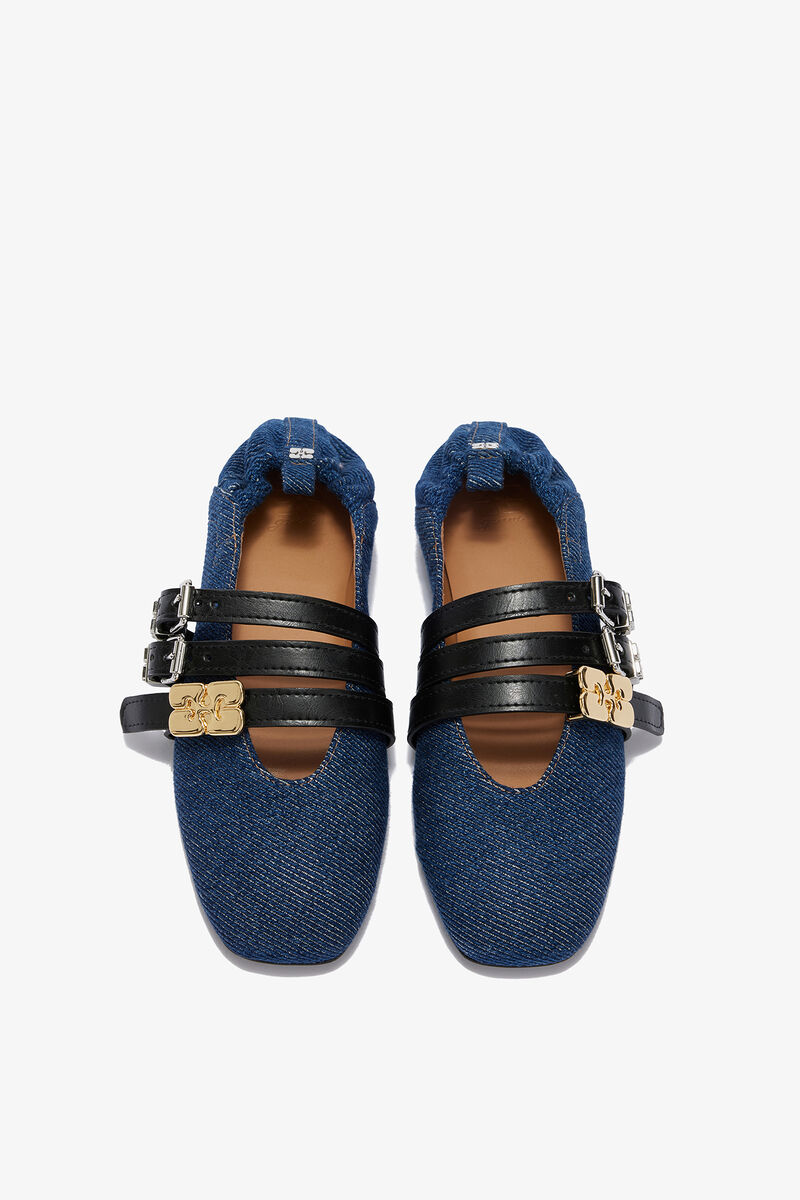 Sue Triple Ballerina in Denim, Organic Cotton, in colour Dark Blue Vintage - 3 - GANNI