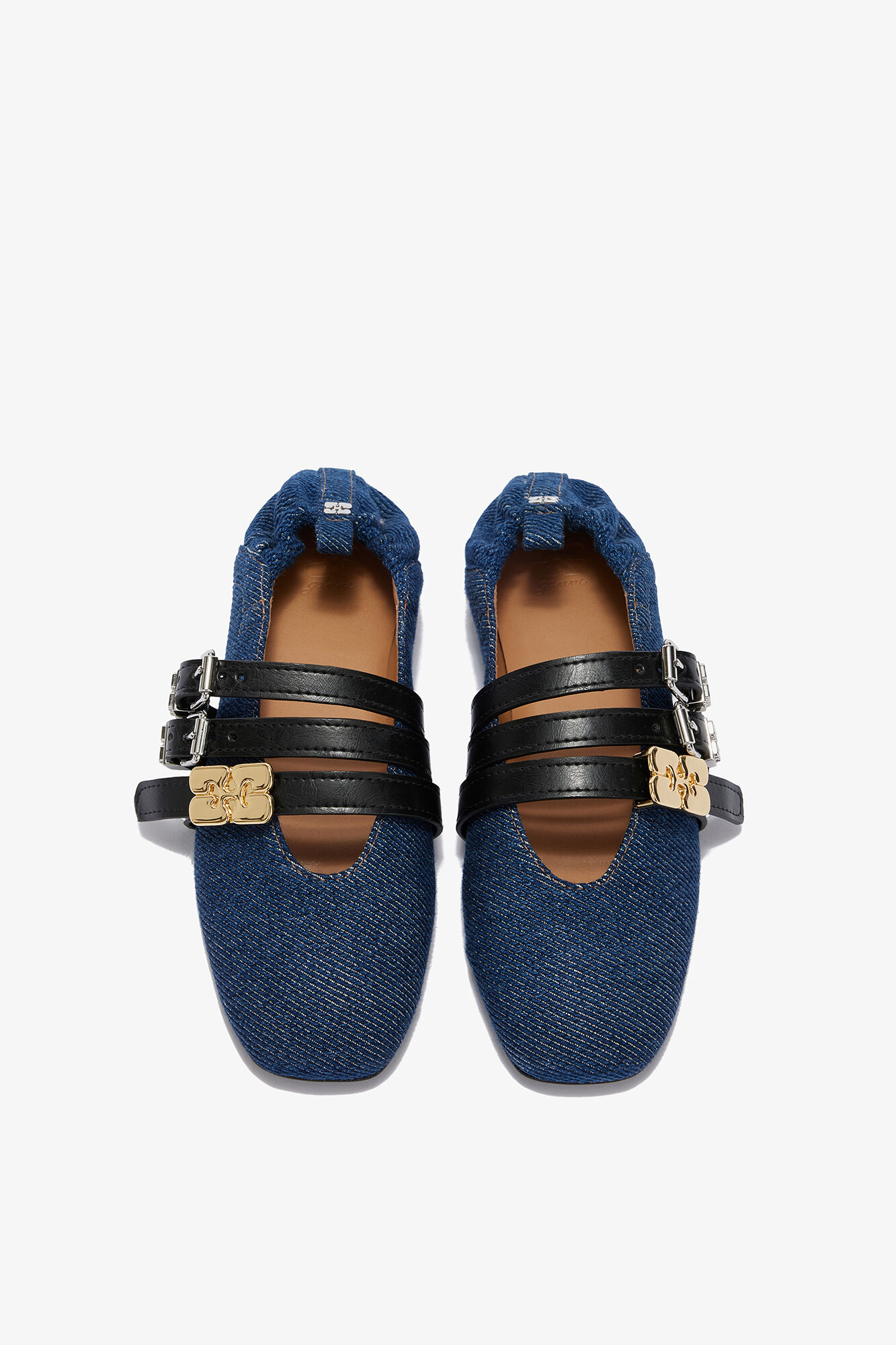 Sue Triple Ballerina in Denim, Organic Cotton, in colour Dark Blue Vintage - 3 - GANNI
