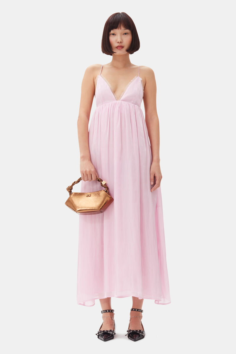 Pink Satin Strap Dress, Recycled Polyester, in colour Chalk Pink - 1 - GANNI