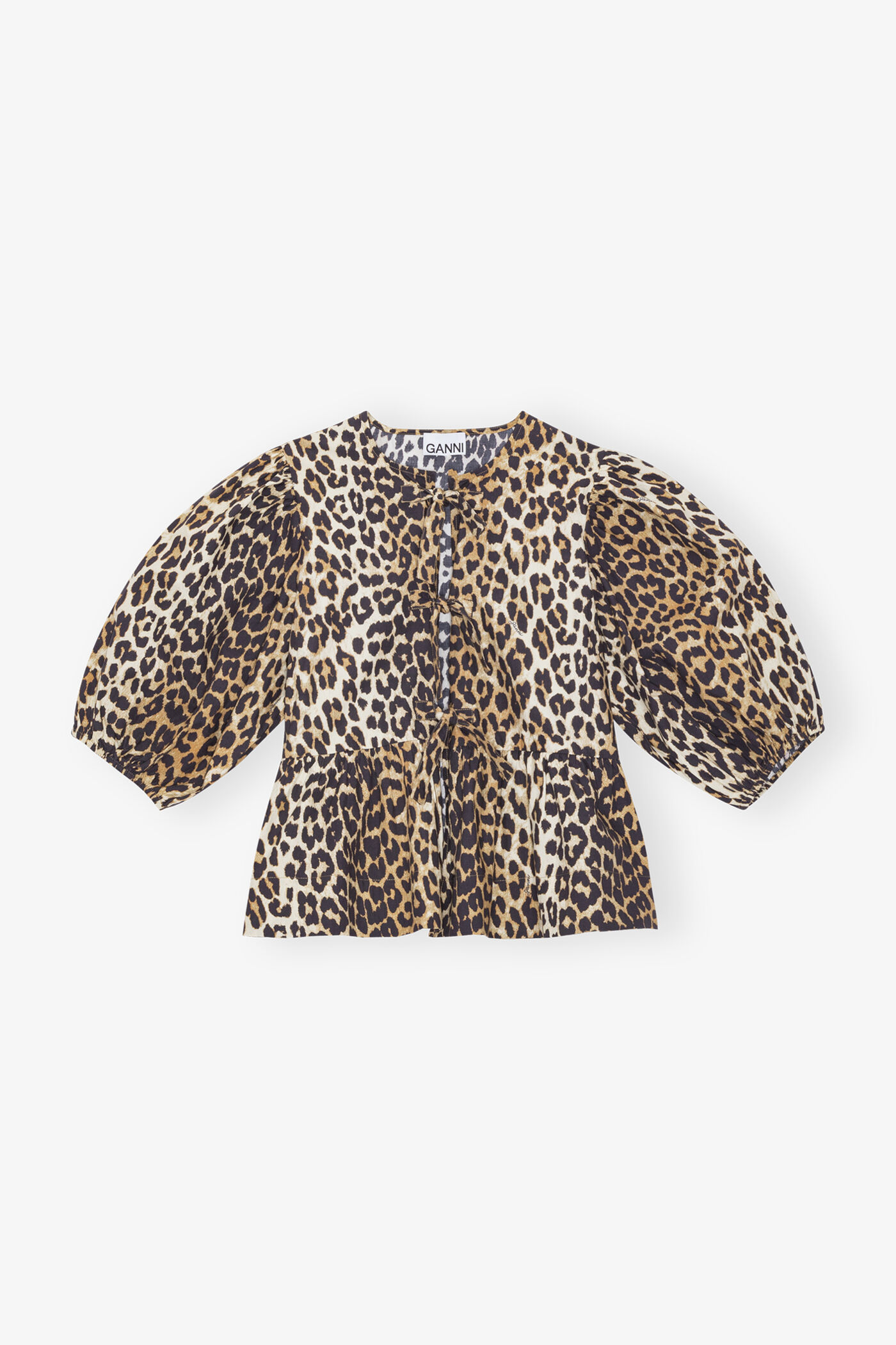 Leopard Cotton Poplin Peplum Tie Blouse