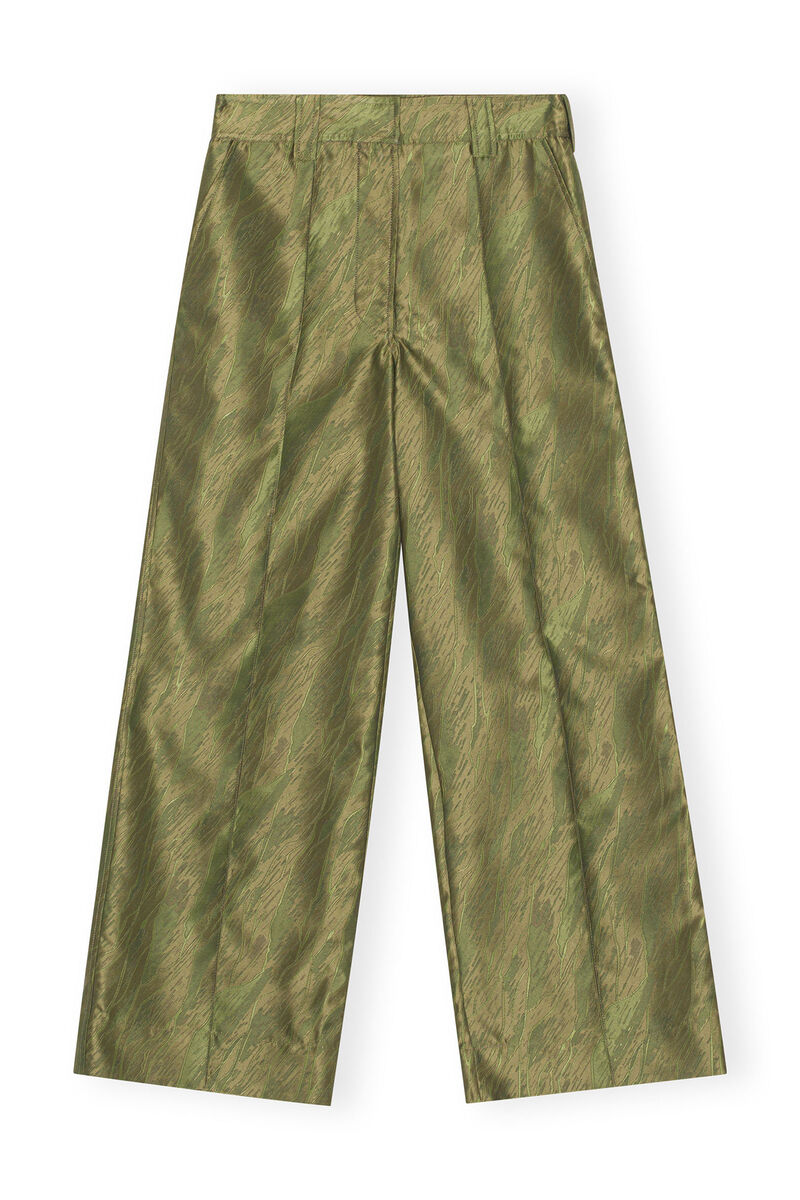 Shiny Jacquard Lowrise Trousers, Polyester, in colour Avocado - 1 - GANNI