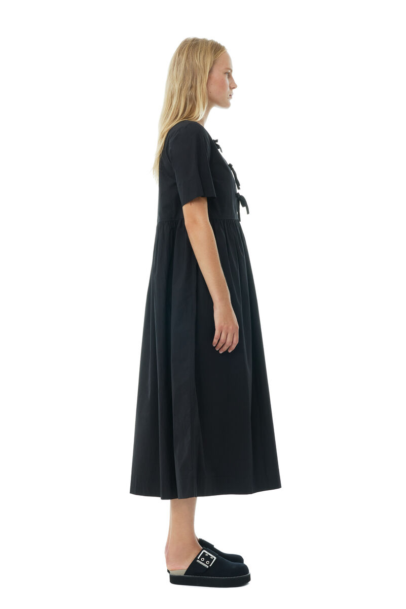 Black Cotton Poplin Long Tie String Dress, Cotton, in colour Black - 3 - GANNI