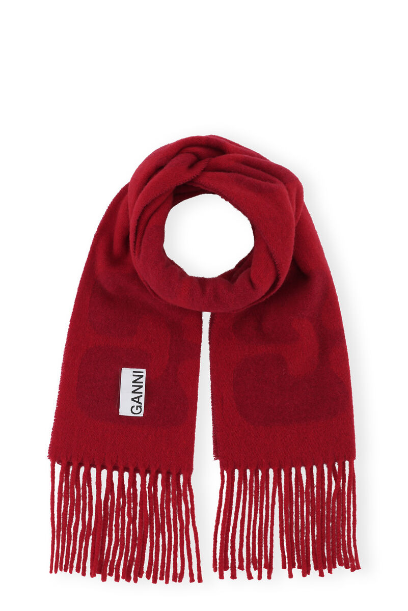 Red Narrow Logo Scarf, Recycled Wool, in colour Fiery Red - 1 - GANNI