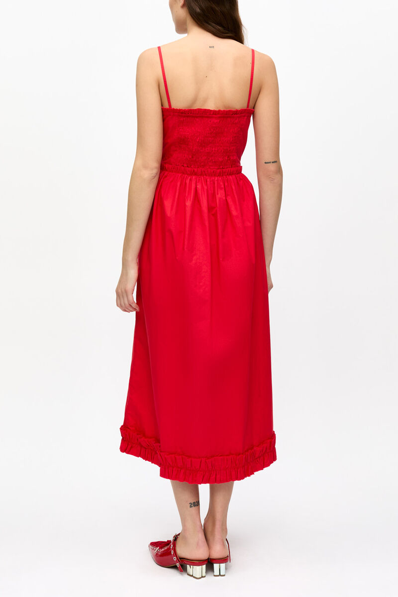 Red Cotton Poplin Strap Dress, Organic Cotton, in colour Racing Red - 2 - GANNI