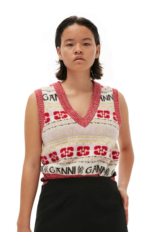 가니 GANNI Logo Wool Mix Vest,Multicolour