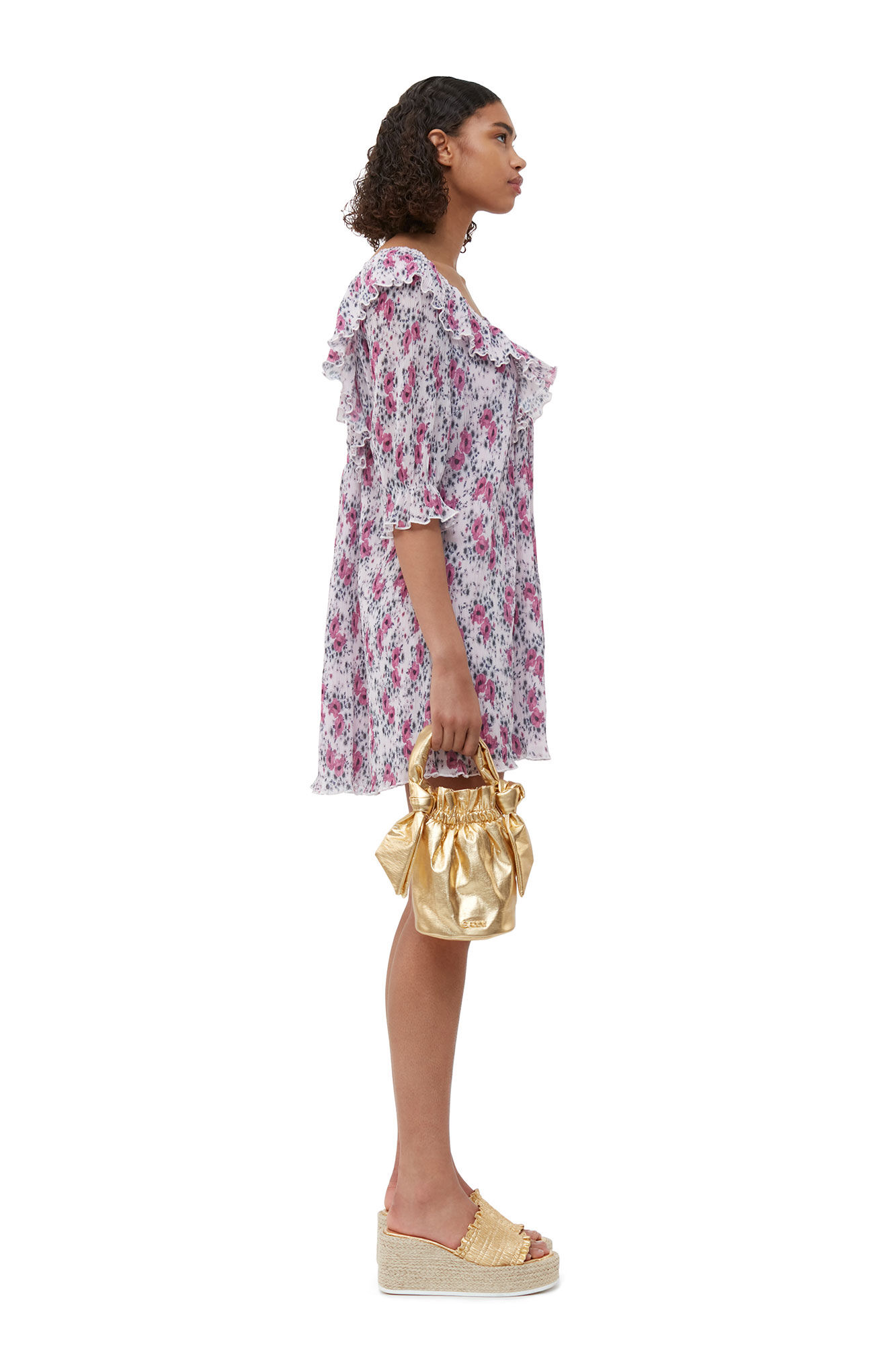 Pleated Georgette Ruffle Mini Dress, Recycled Polyester, in colour Mauve Chalk - 3 - GANNI
