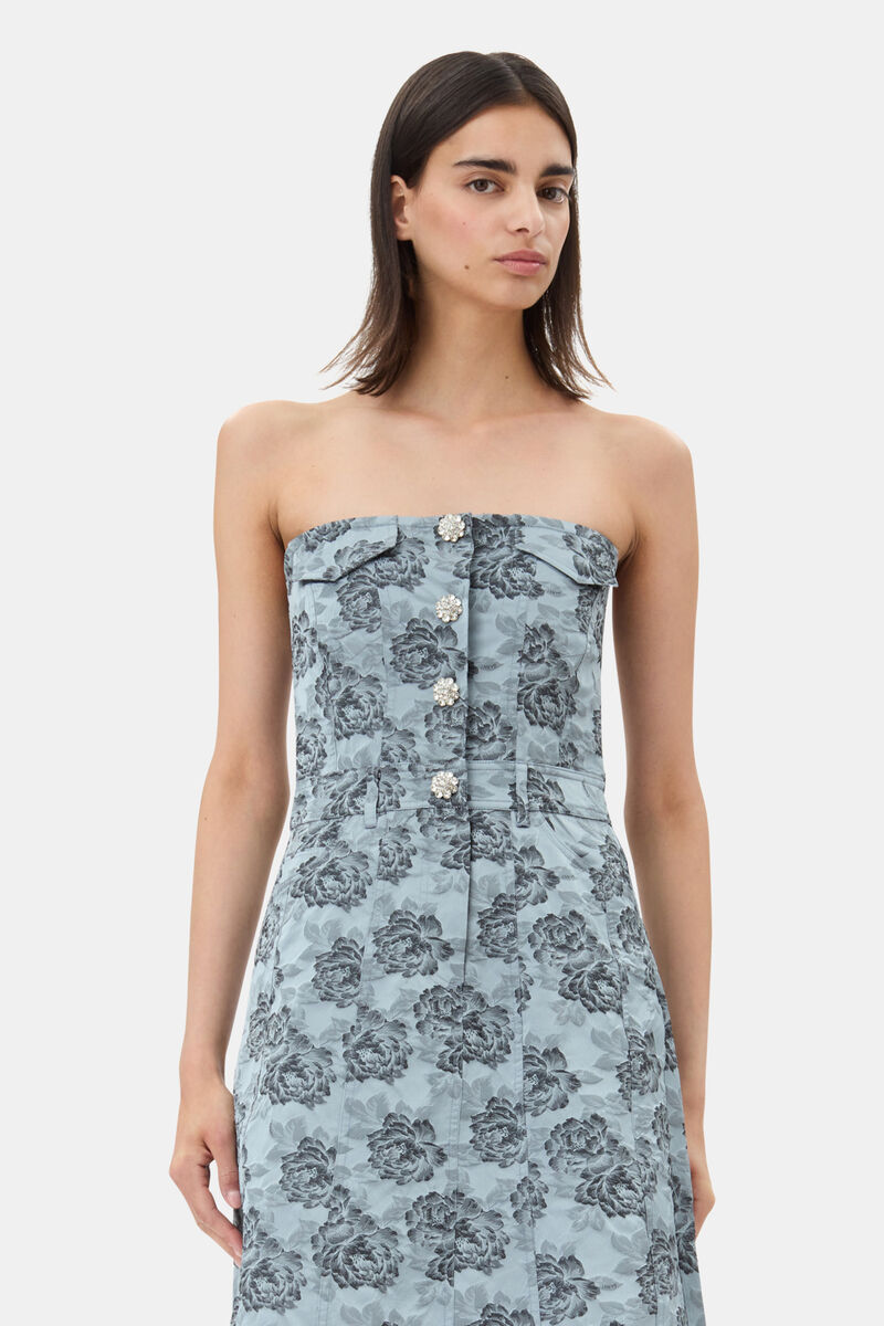 Blue Floral Jacquard Long Corsage Kjole, Polyamide, in colour Illusion Blue - 2 - GANNI