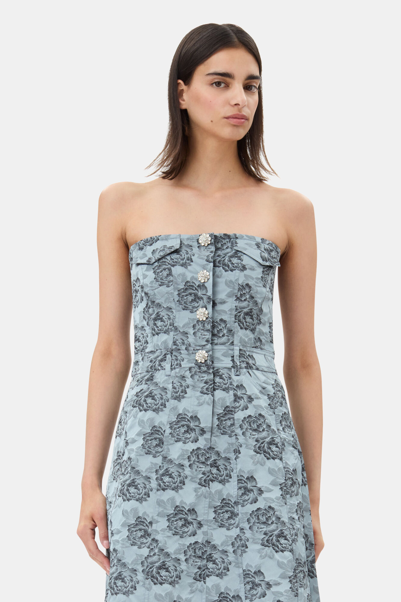 Blue Floral Jacquard Long Corsage Kjole, Polyamide, in colour Illusion Blue - 2 - GANNI