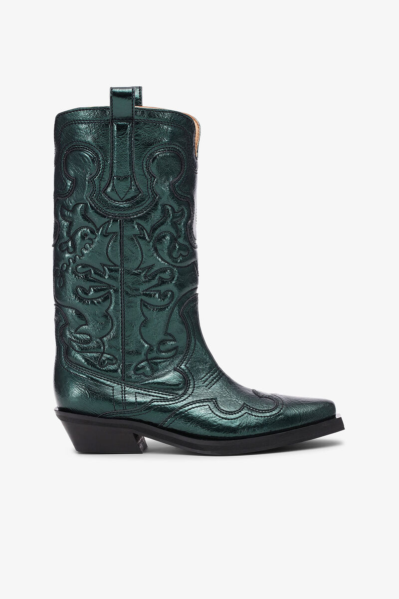 Bottes western vertes métallisées à tige mi-haute et broderies, Polyurethane, in colour Climbing Ivy - 1 - GANNI