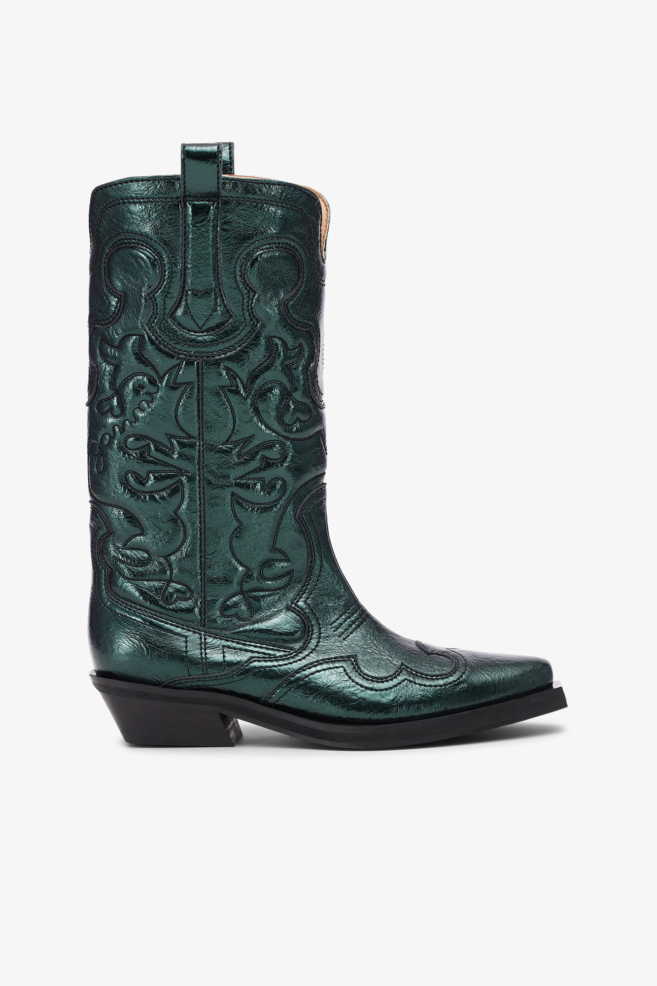 Bottes western vertes métallisées à tige mi-haute et broderies, Polyurethane, in colour Climbing Ivy - 1 - GANNI