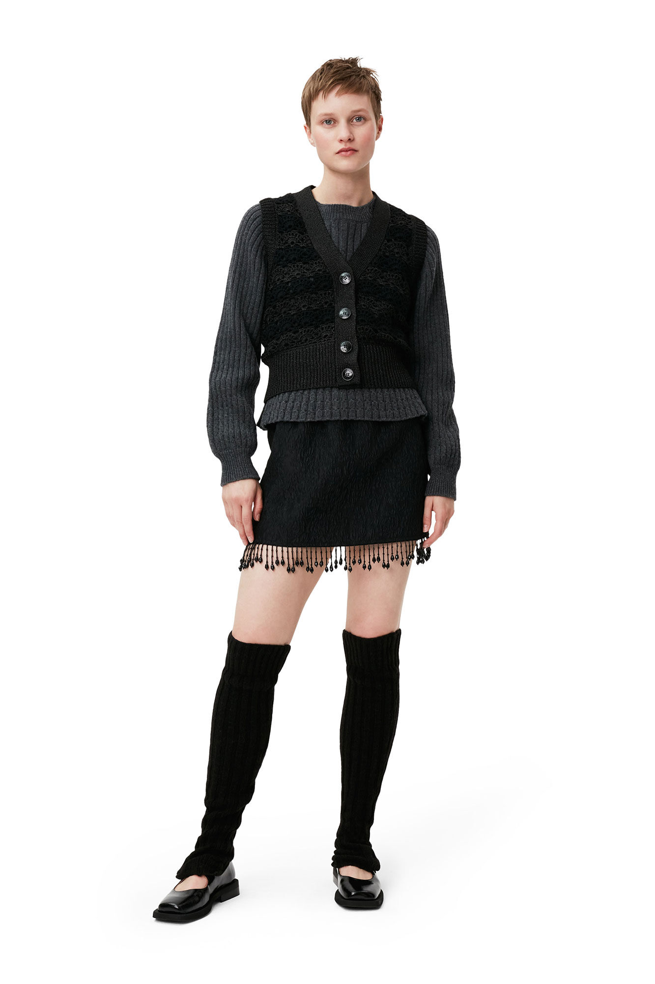 ganni.com | jacquard organza bead fringe mini skirt