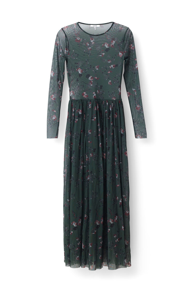 Olivet Mesh Maxi Dress, in colour Pine Grove Leaves - 1 - GANNI