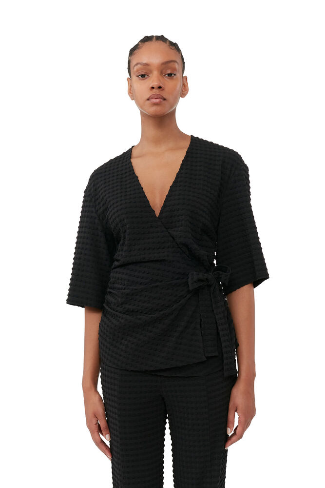 Black Stretch Seersucker Wrap Blouse, Black