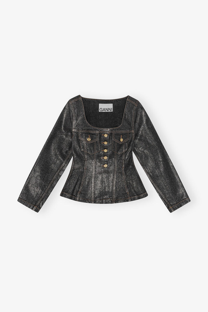 Shimmery Foil Denim Blazer, Cotton, in colour Washed Black/Black - 1 - GANNI