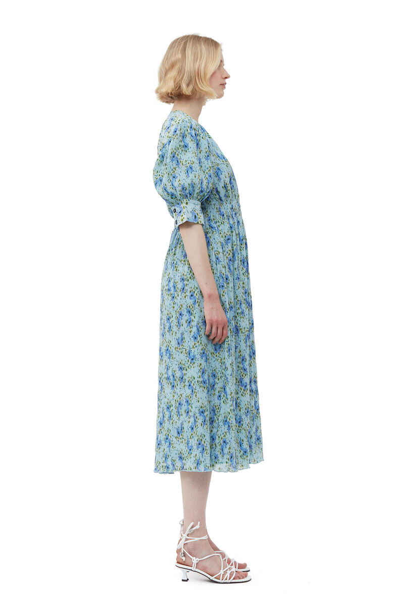 Pleated Georgette V-neck Smock Midi Dress, Recycled Polyester, in colour Ice Water - 3 - GANNI