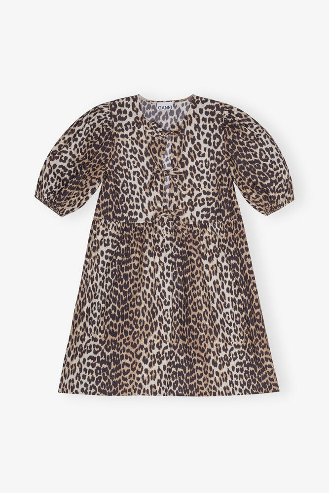 Leopard Printed Cotton Tie String Mini Dress, Leopard
