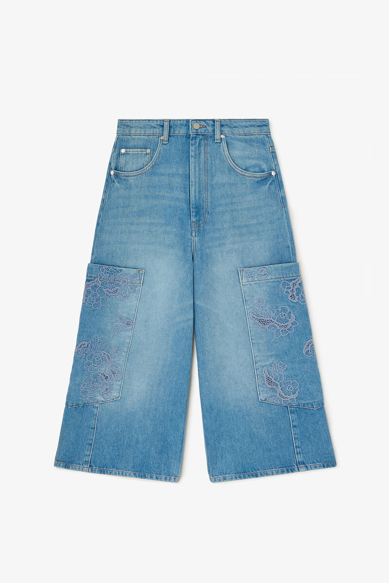 Cropped Cargo Jeans in Blue Denim, Organic Cotton, in colour Mid Blue Vintage - 1 - GANNI