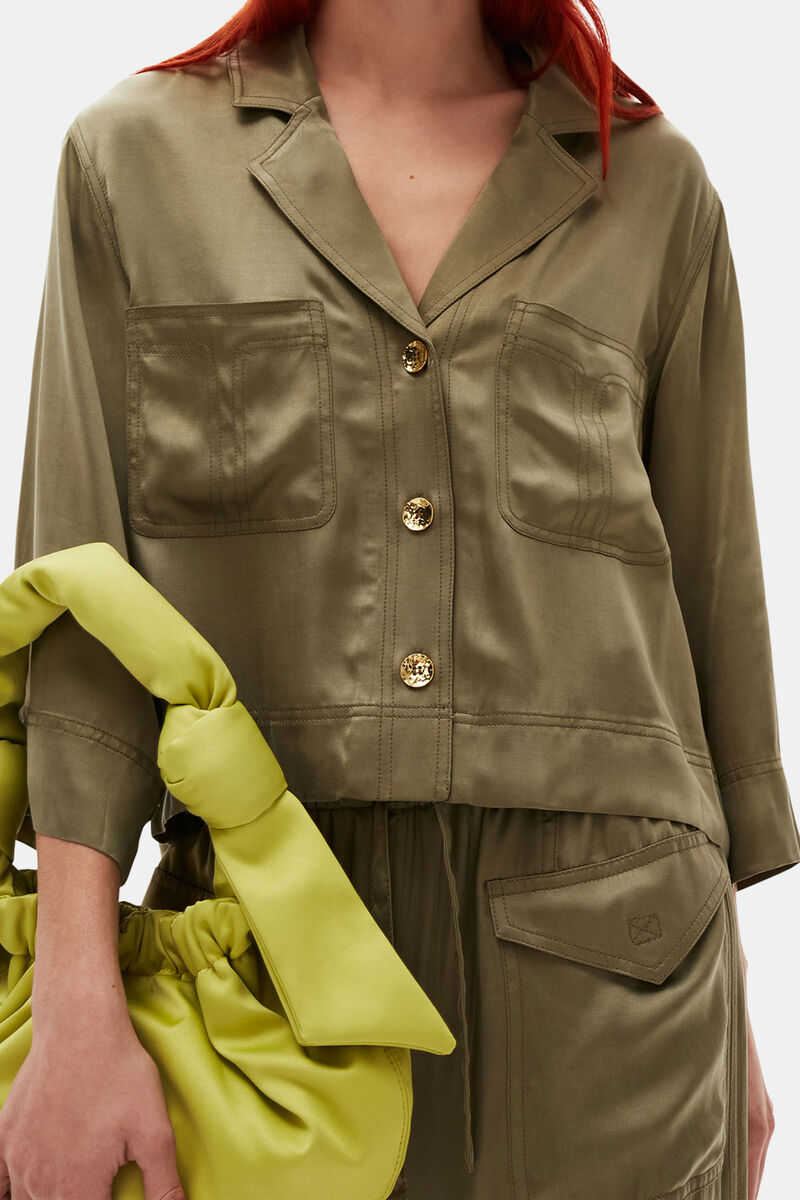 Washed Satin Crop Shirt, Cupro, in colour Aloe - 4 - GANNI