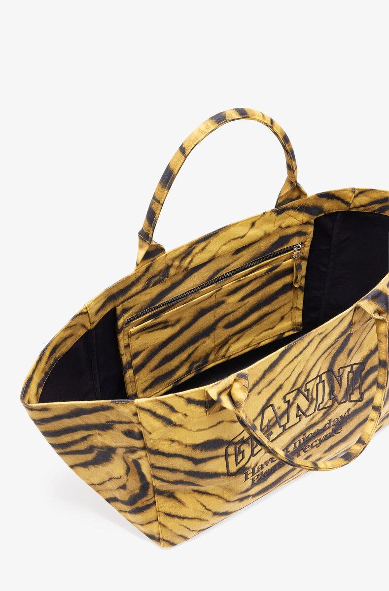 Zebra Print XXL Tote, Recycled Cotton, in colour Khaki - 3 - GANNI