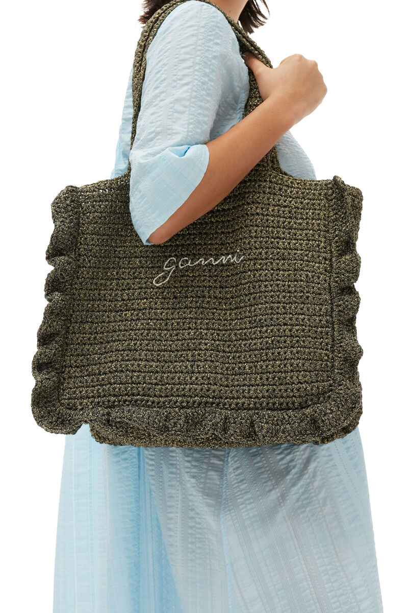 Cotton Crochet Frill Tote Bag , Cotton, in colour Black - 1 - GANNI