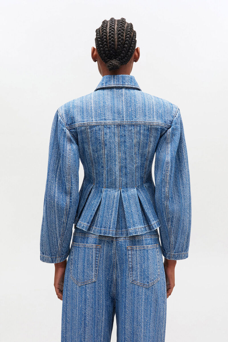 Gestreifte Plissee-Jeansjacke, Cotton, in colour Mid Blue Stone - 3 - GANNI