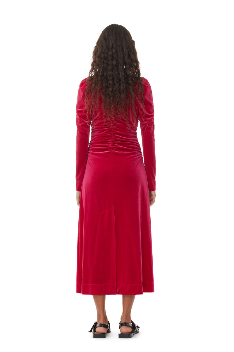 Red Velvet Jersey Gathered Long Dress, Recycled Polyester, in colour Love Potion - 4 - GANNI