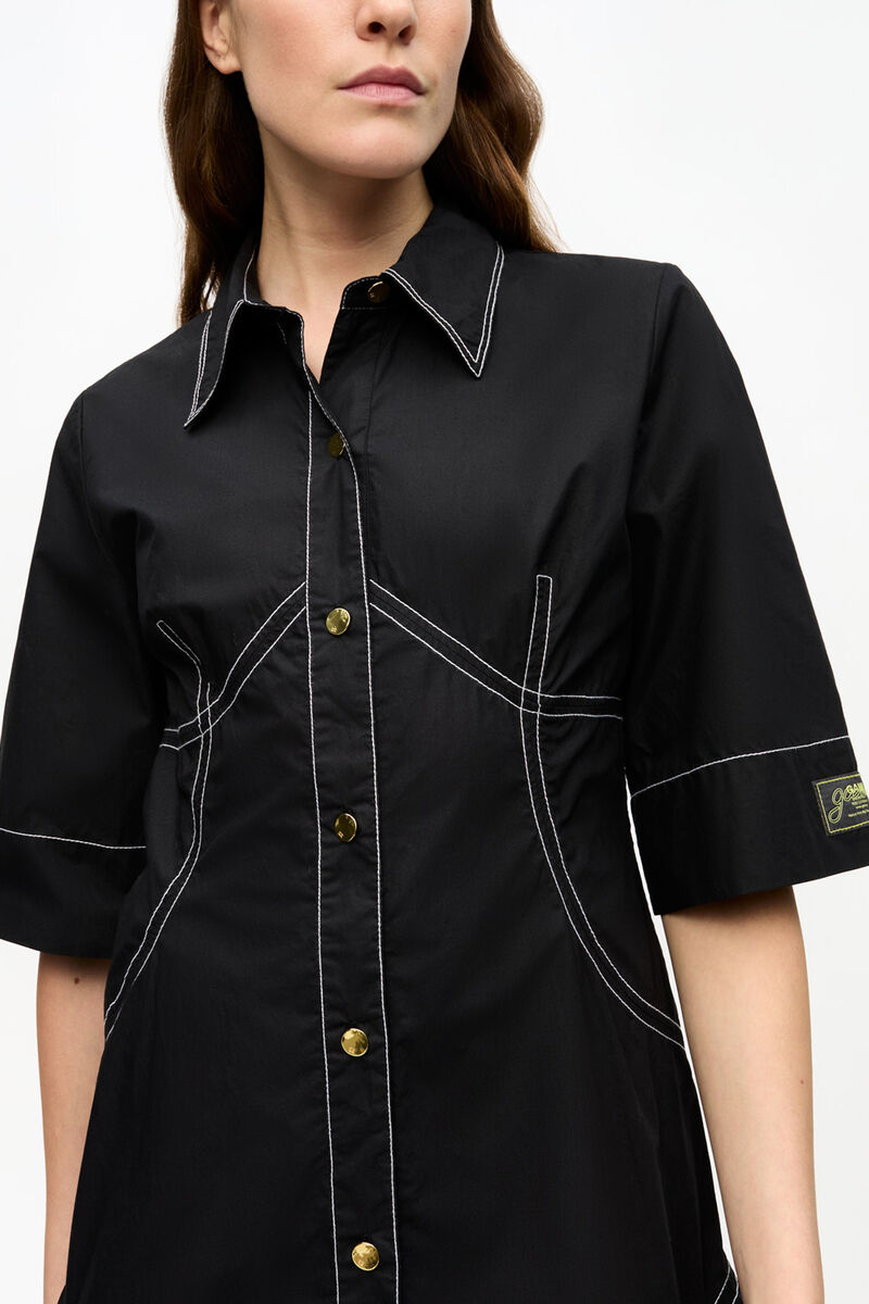 Black Cotton Poplin Shirt Dress, Organic Cotton, in colour Black - 4 - GANNI