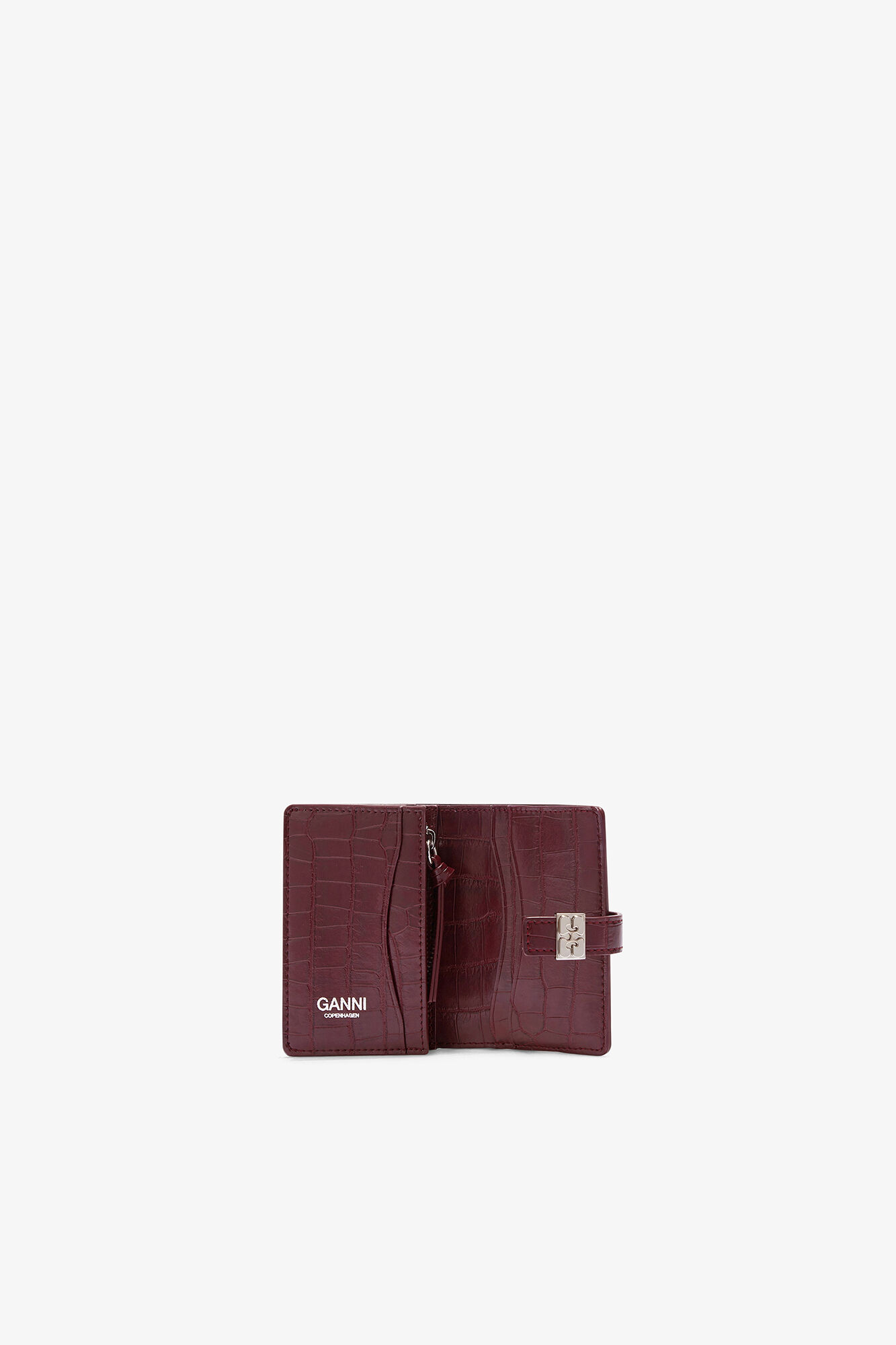 Sue Slim Wallet With Flap in Burgundy Croco, Recycled Leather, in colour Burgundy - 3 - GANNI