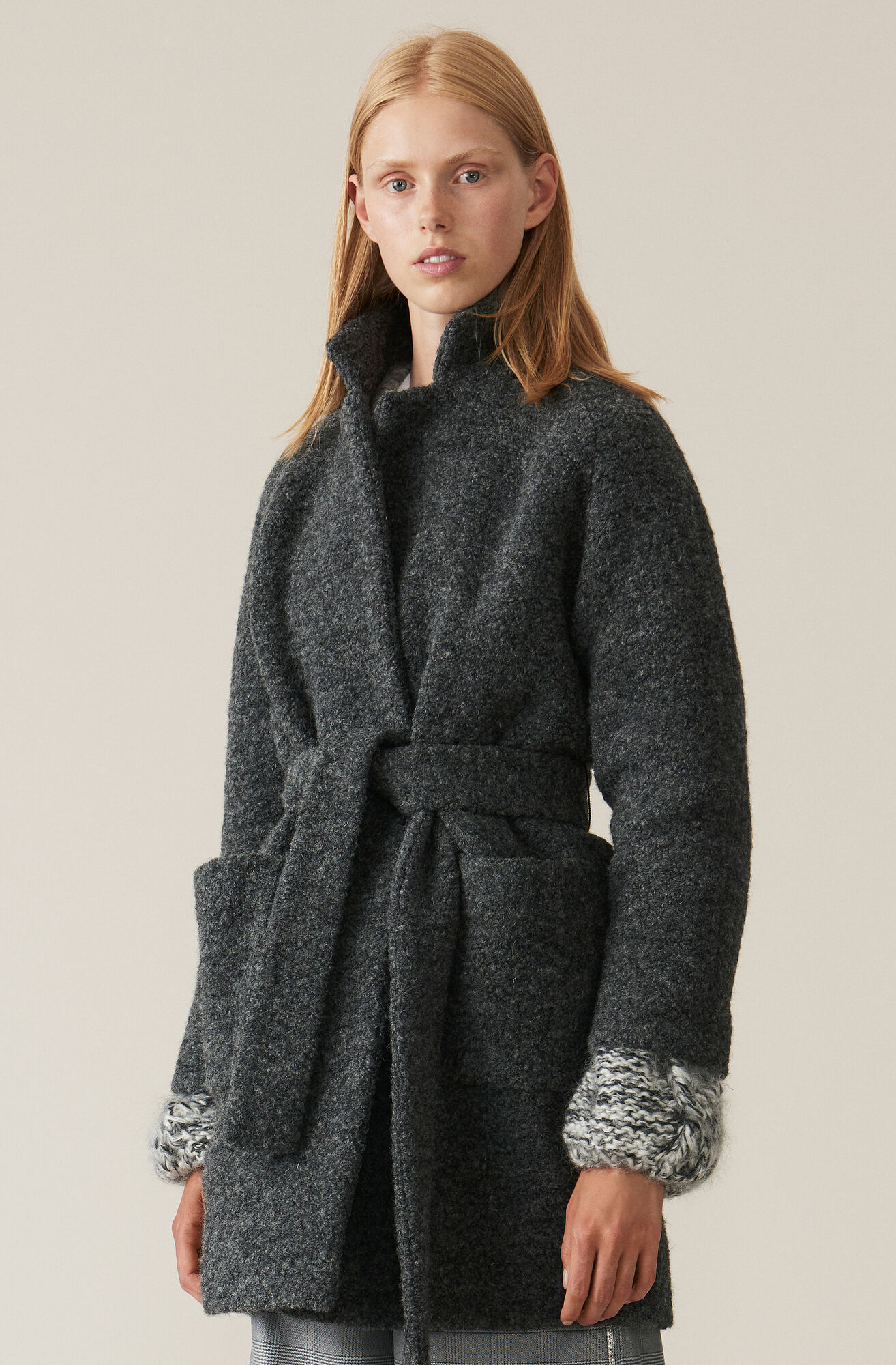 Boucle Wool Wrap Coat, Ebony Melange Boucle Wool Wrap Coat, Ebony Melange, hi-res