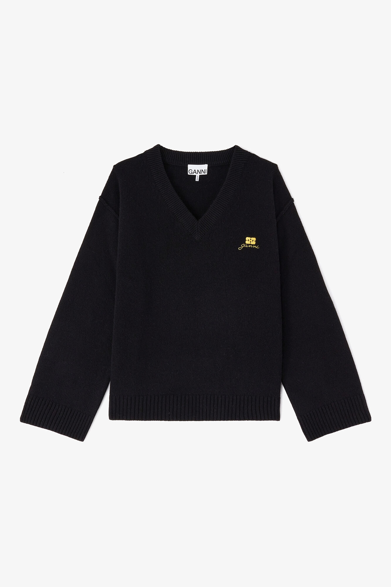 Wool Mix V-Neck Jumper, Wool, in colour Black - 1 - GANNI