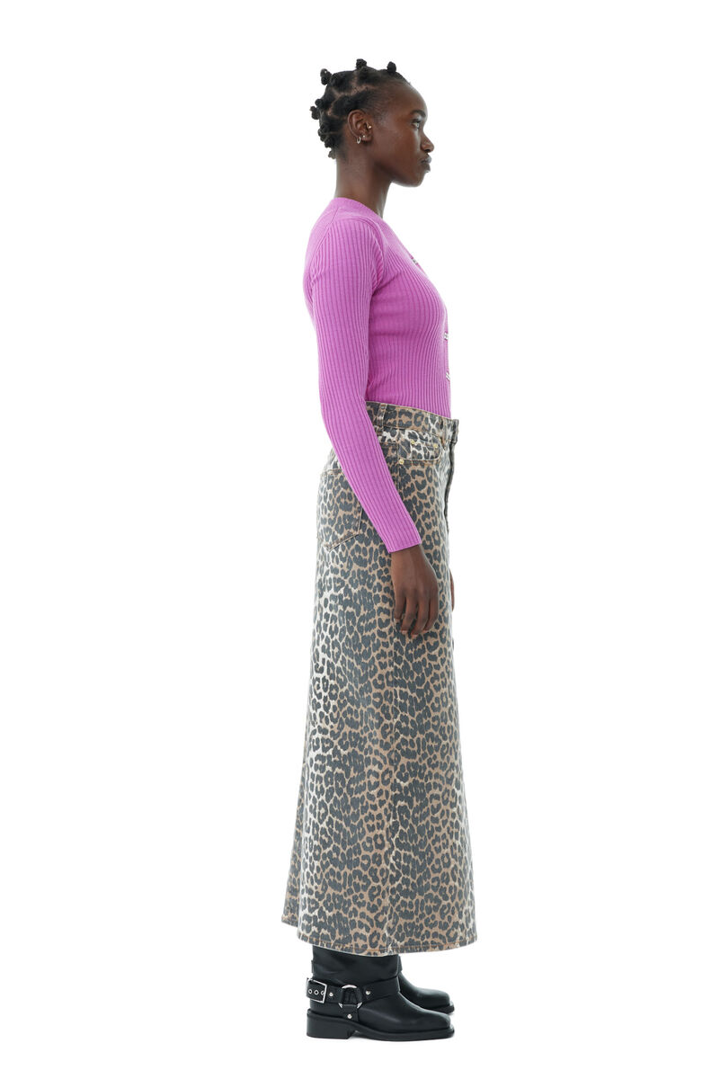 Leopard Denim Maxi Slit Skirt, Cotton, in colour Leopard - 3 - GANNI
