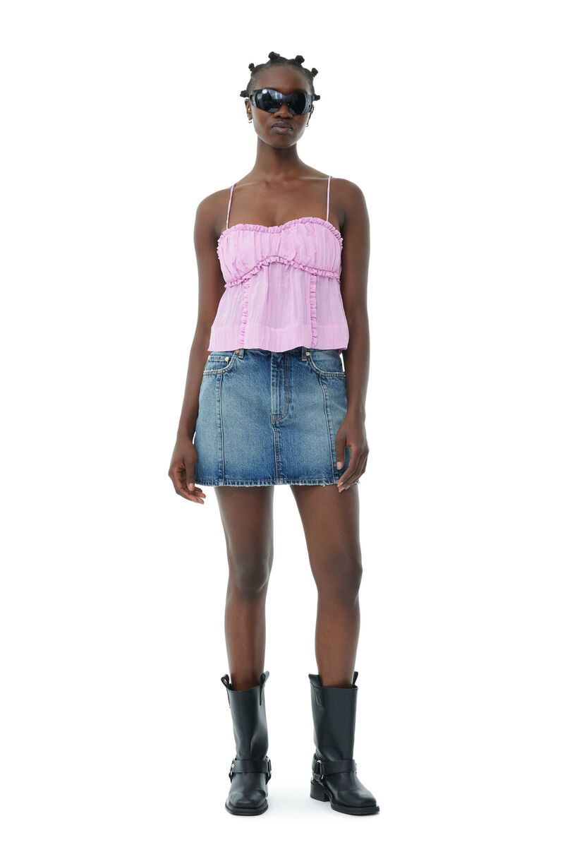 Sparkle Logo Denim Mini Skirt, Cotton, in colour Tint Wash - 1 - GANNI