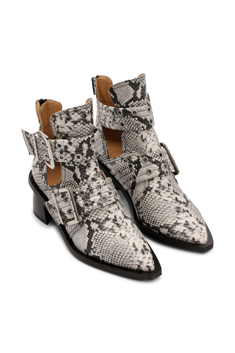 Snake Printed Chunky Buckle Open Cut Boots, Polyester, in colour Sand - 3 - GANNI