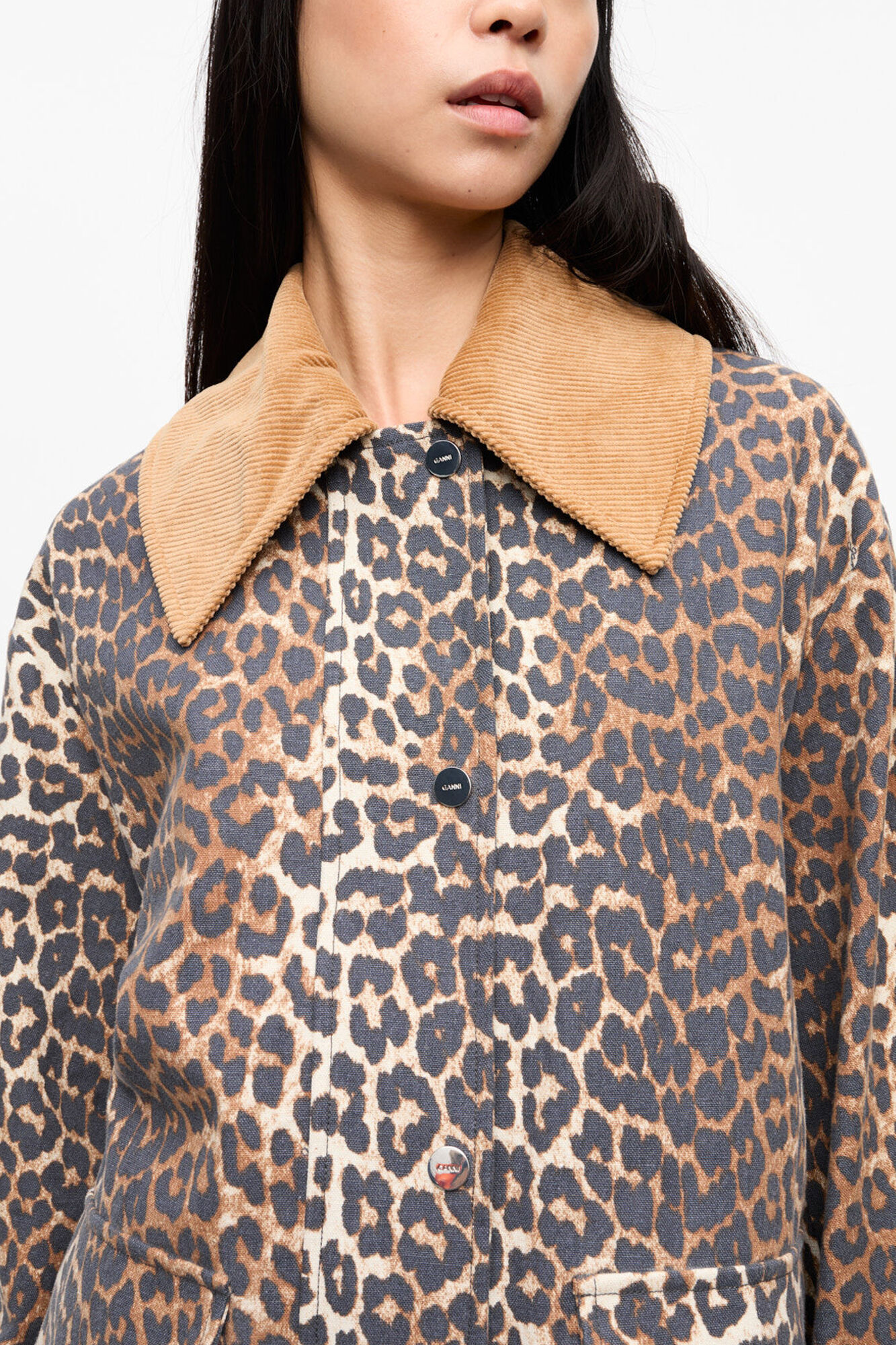 GANNI コットンリネンレオパードジャケット Leopard Laminated Cotton Jacket | GANNI US