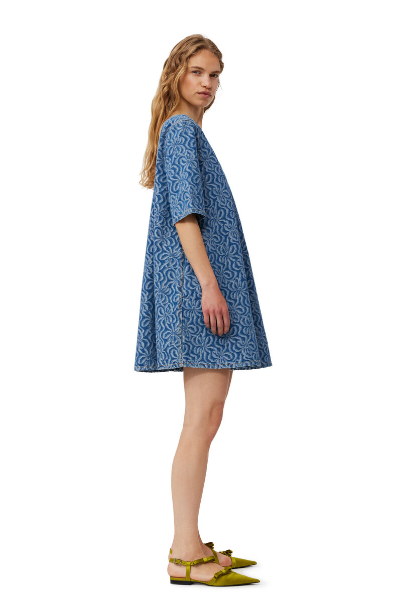 Blue Jacquard Denim A-line Mini-kjole, Cotton, in colour Mid Blue Stone - 3 - GANNI