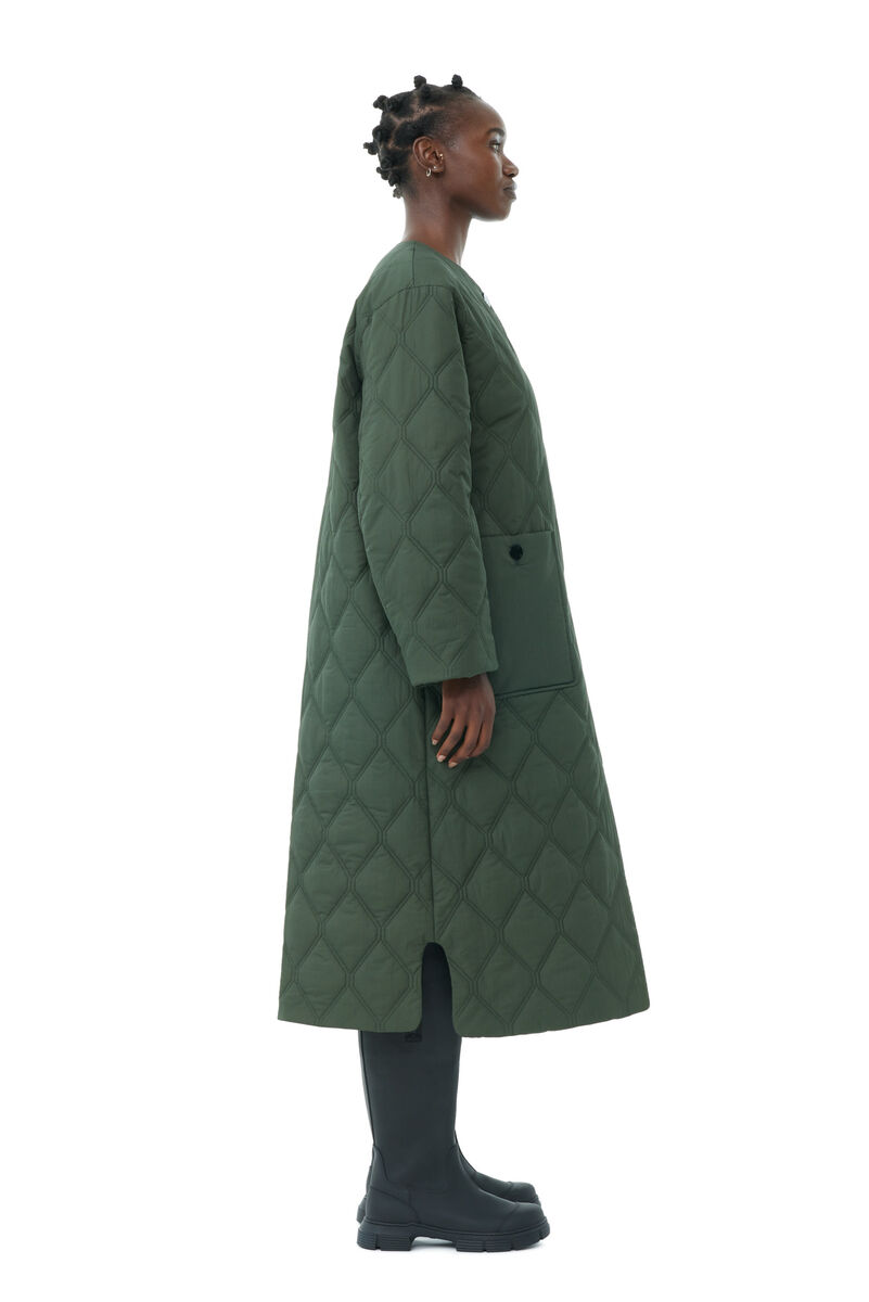 Green Quilt Long Coat, Recycled Polyamide, in colour Kombu Green - 3 - GANNI