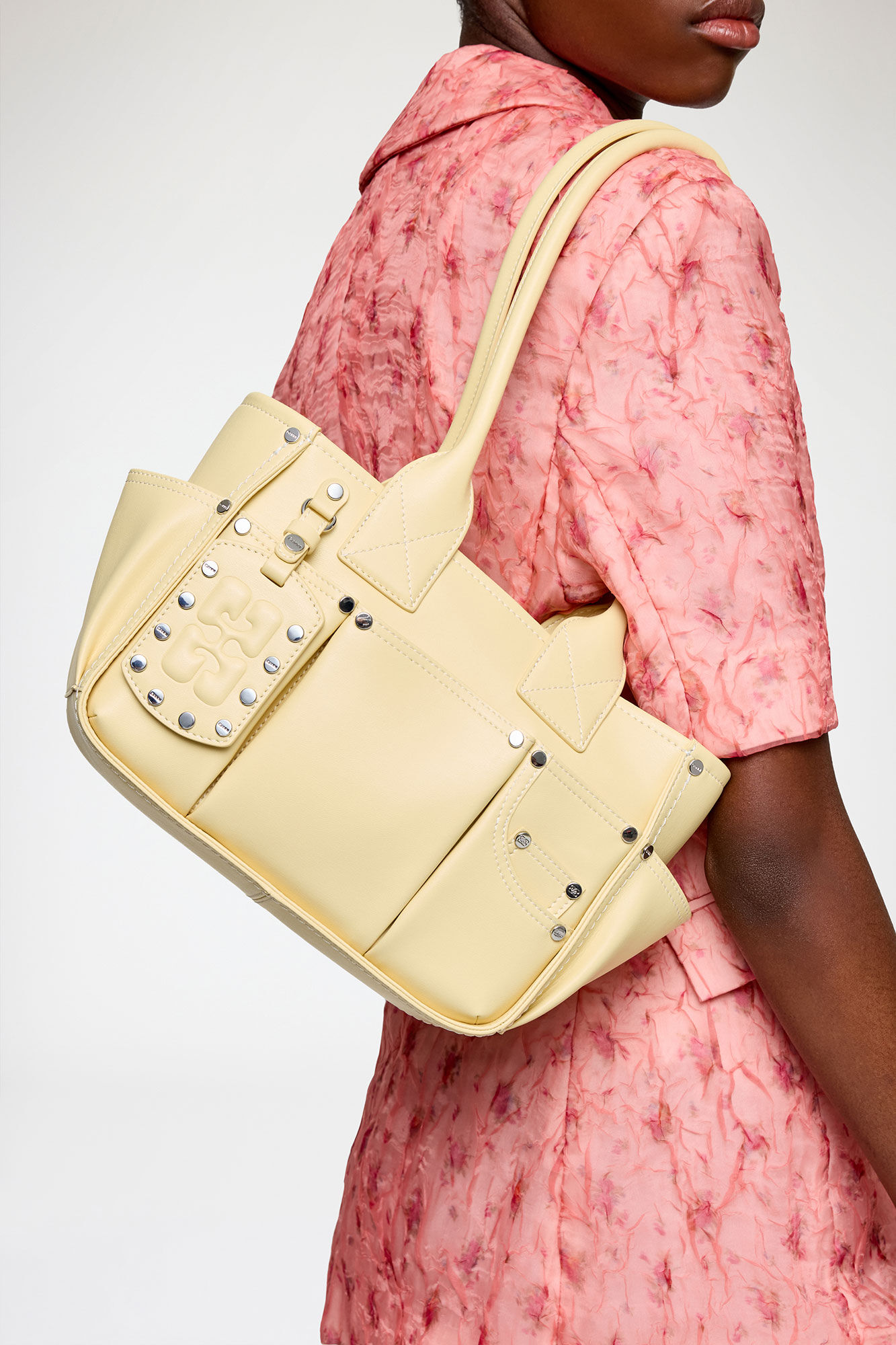 Posy Bag Small in Yellow, Recycled Leather, in colour Yellow Cream - 1 - GANNI