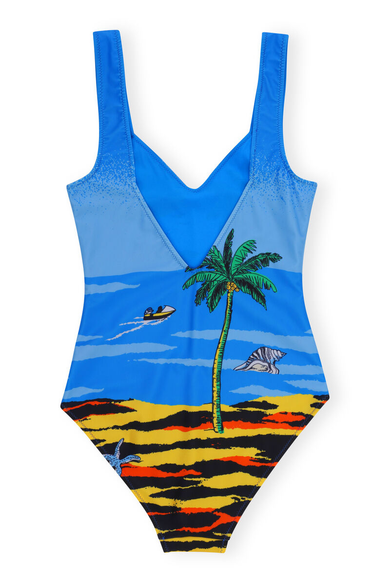 Tief ausgeschnittener Badeanzug, Elastane, in colour Palm Beach Cloisonne - 2 - GANNI