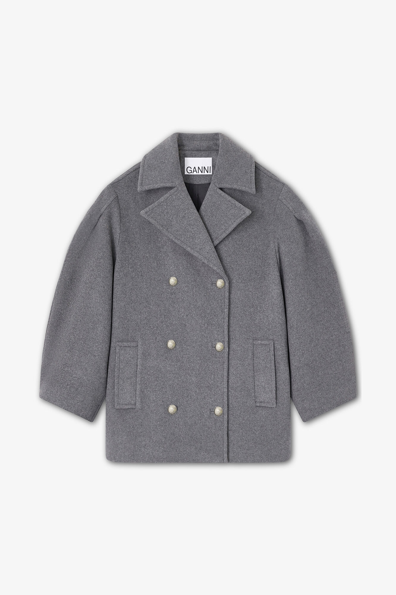 Oversize midi peacoat i gr&aring; uld, Recycled Wool, in colour Pewter - 1 - GANNI