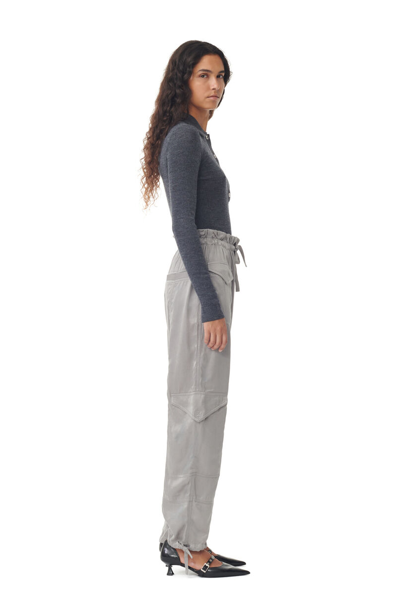 Grey Washed Satin Trousers, Cupro, in colour Frost Gray - 2 - GANNI