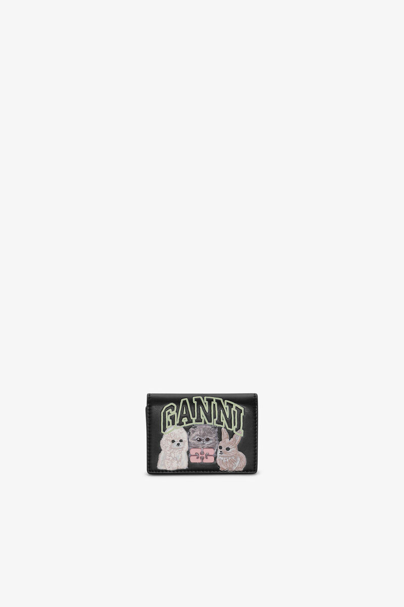 Bou Card Holder in Black With Flap and Animals, Recycled Leather, in colour Black - 1 - GANNI
